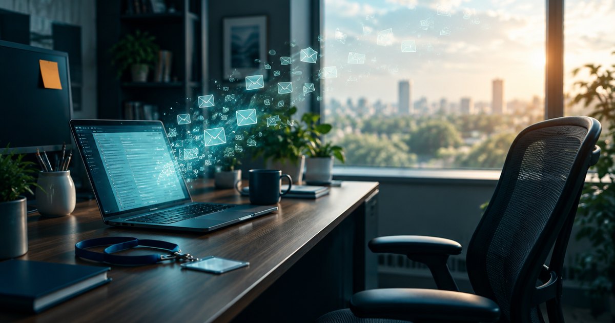 An empty office chair beside a desk, with a laptop showing an inbox that still holds the departed employee's work